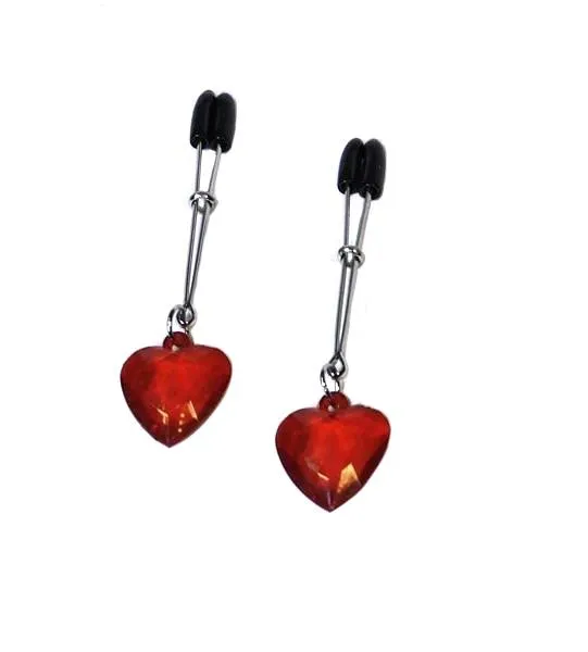 0511HS      I Heart Nipple Clamps Tweezer Style Heart Charm Nipple Clamps