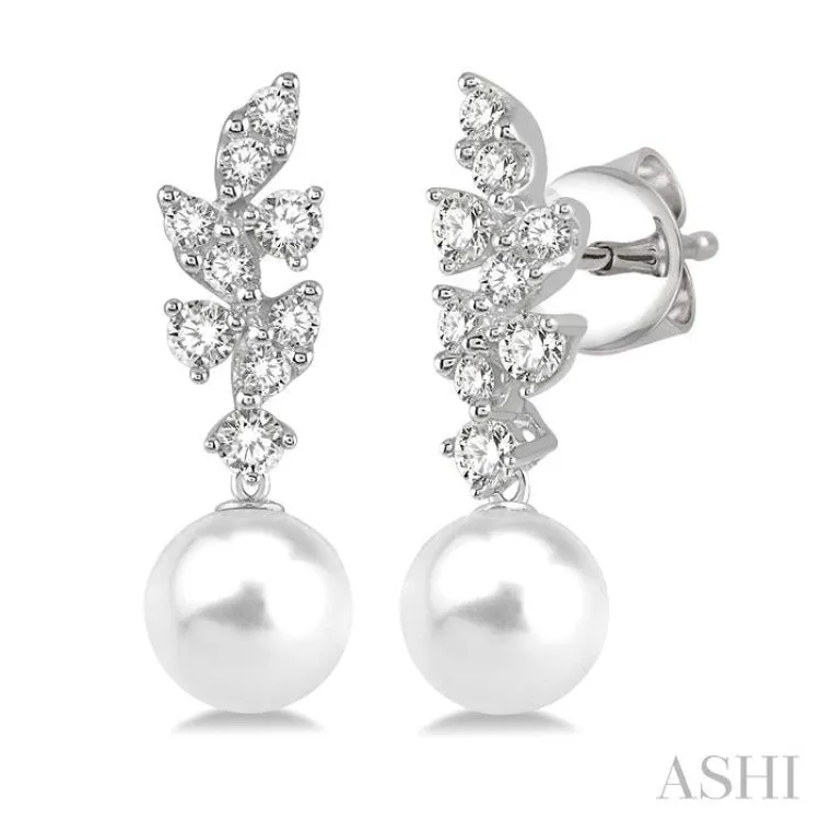 1/3 ctw Diamond Creeper and 8MM White Cultured Pearl Dangler Earrings in 14K White Gold