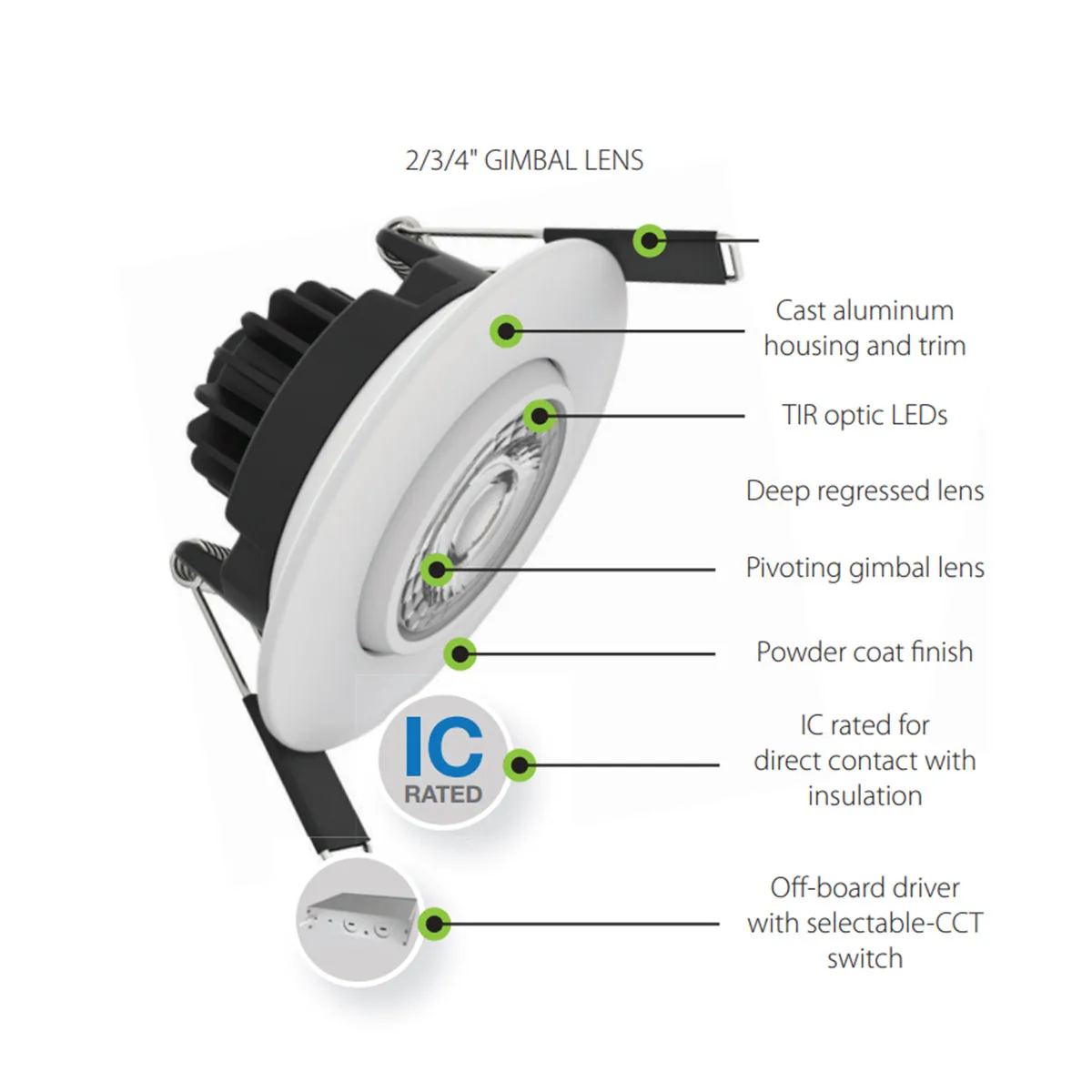 2" Gimbal Canless LED Downlight, 400lm, Selectable 2700K to 5000K, 20° Spot, Deep Regress Trim