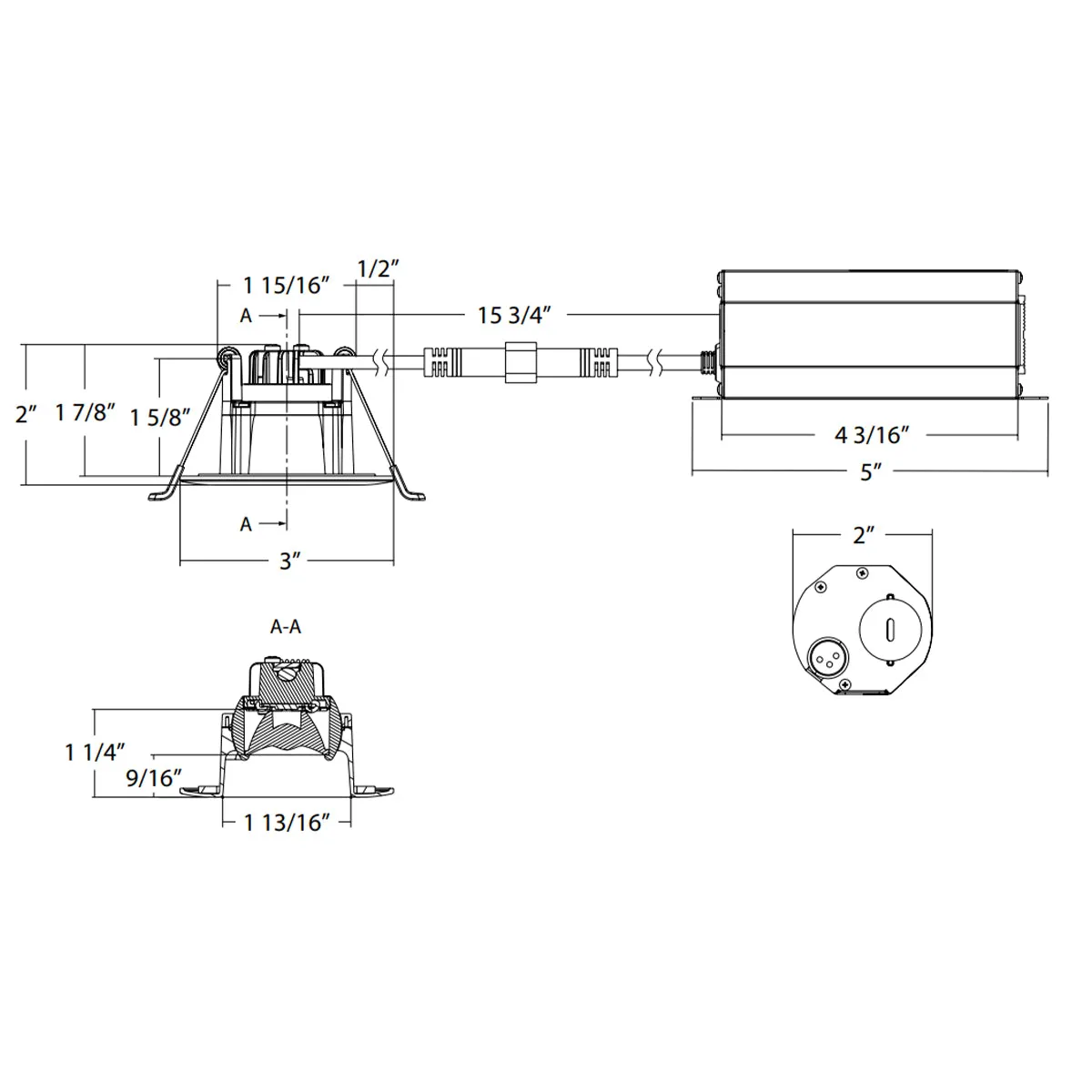 2" Gimbal Canless LED Downlight, 400lm, Selectable 2700K to 5000K, 20° Spot, Deep Regress Trim