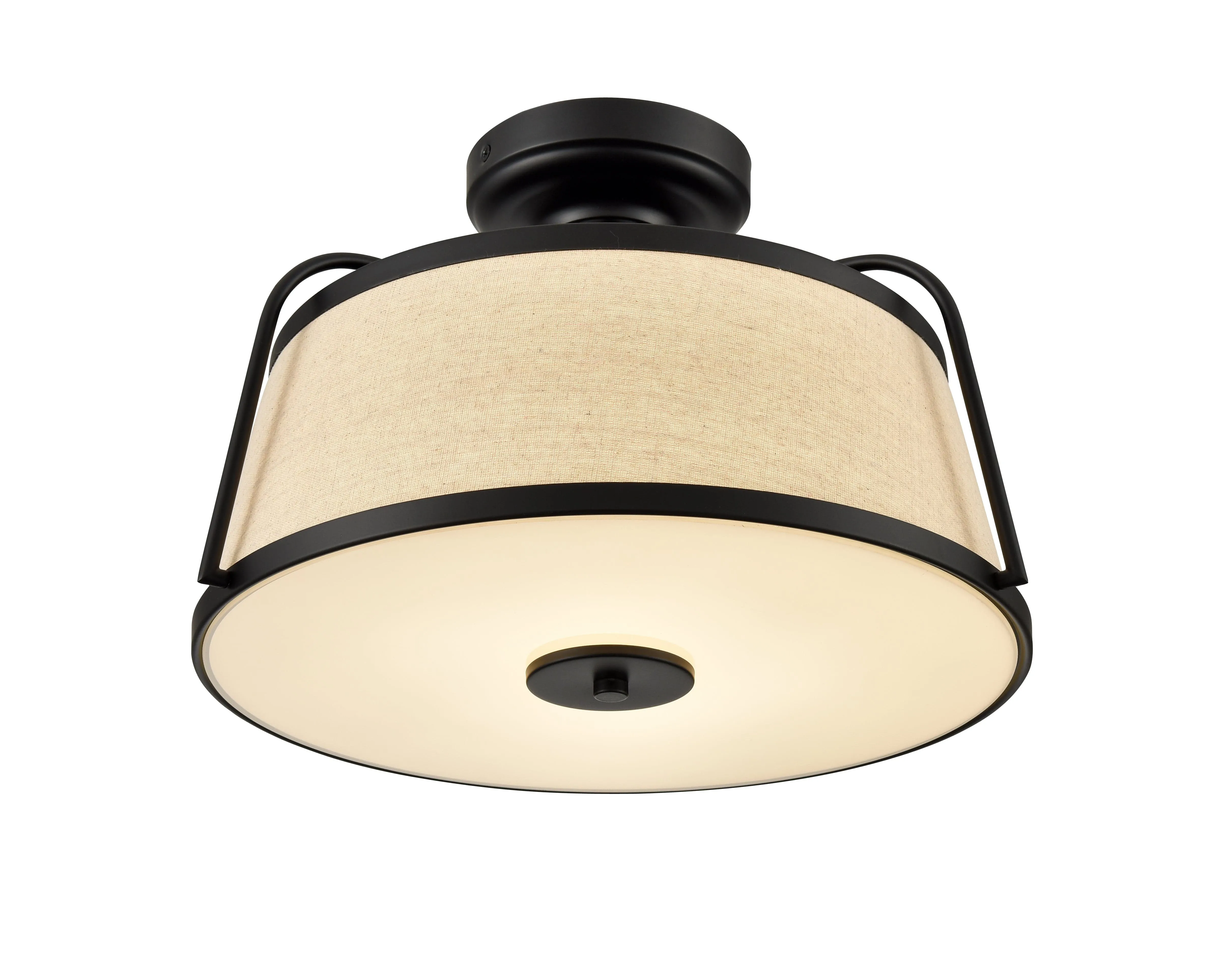 35W LED Semi-Flush Mount Fixture - Matte Black - White Linen - 15.13in. Diameter - 1400 Lm