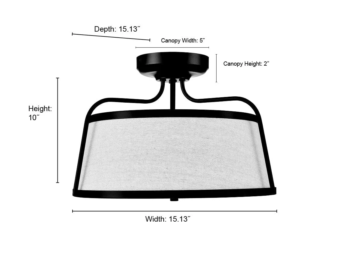 35W LED Semi-Flush Mount Fixture - Matte Black - White Linen - 15.13in. Diameter - 1400 Lm