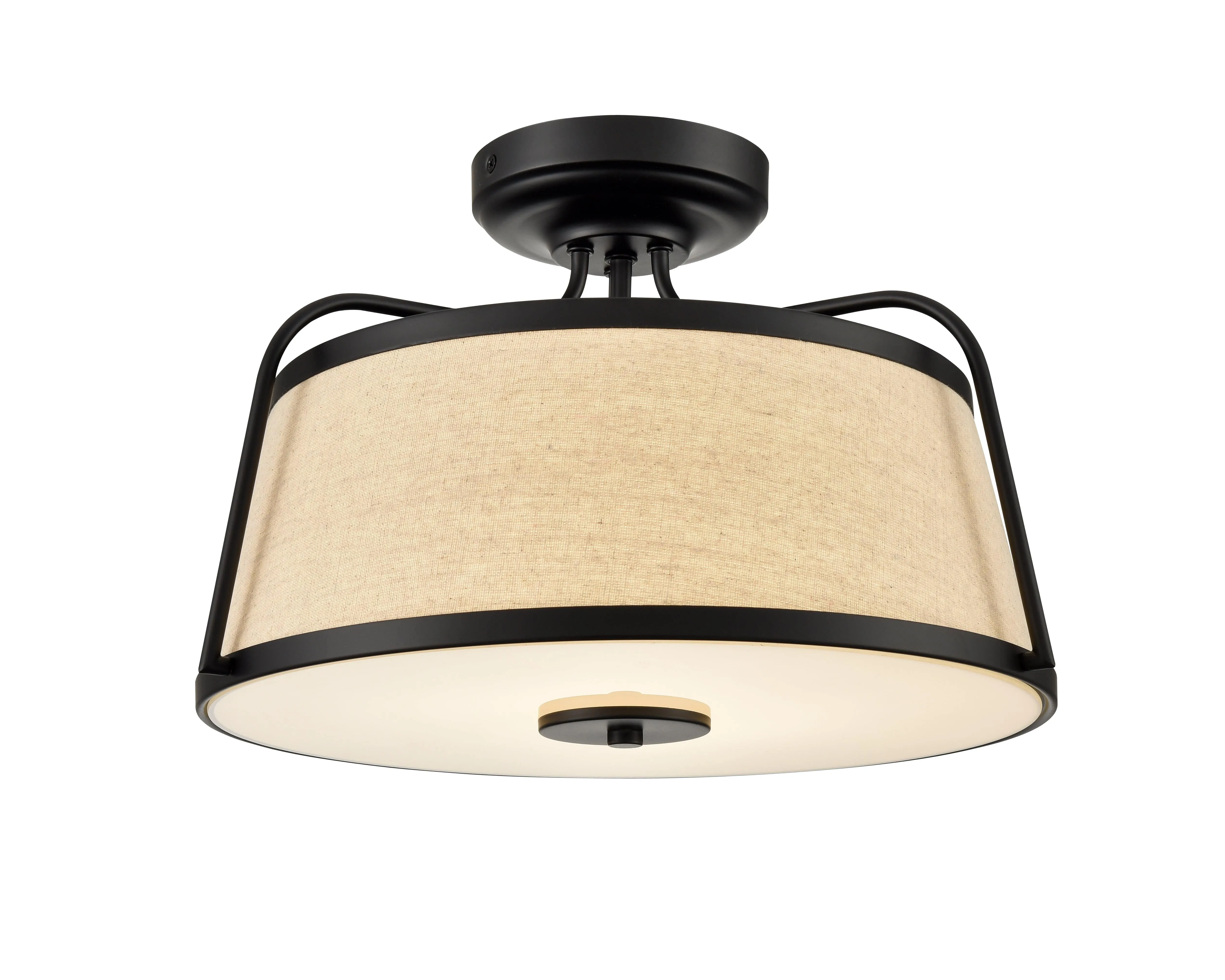 35W LED Semi-Flush Mount Fixture - Matte Black - White Linen - 15.13in. Diameter - 1400 Lm