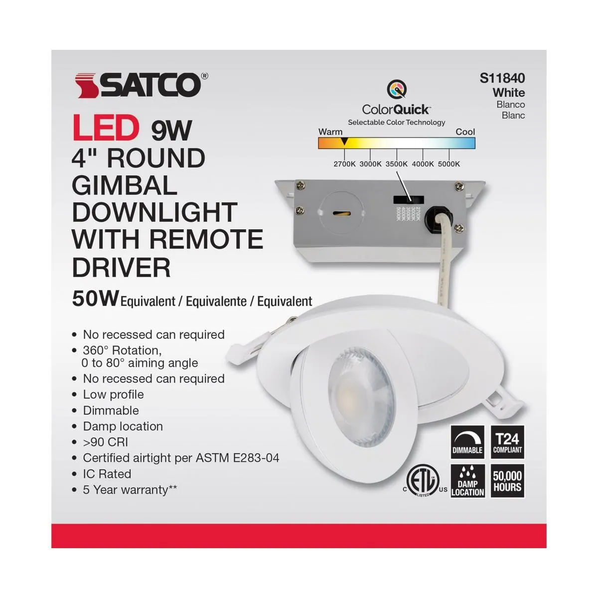 4 Inch Round Gimbal Downlight with Remote Driver, 750 Lumens, 27K|30K|35K|40K|50K