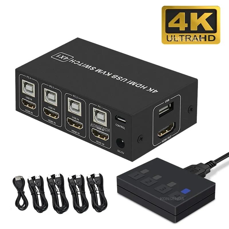 4K HDMI KVM Switch 4 in 1 out 4K 60Hz HDMI USB KVM Switcher 4x1 for 4 PC Share Monitor Mouse Keyboard with Desktop Controller