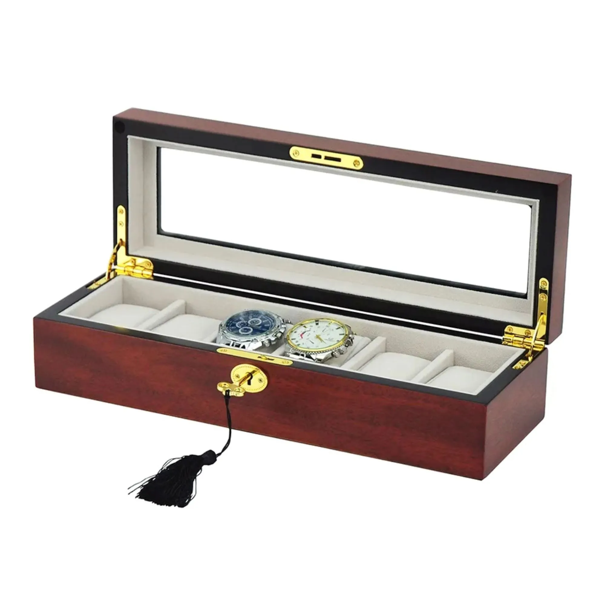 6 Slots Wooden Watch box with glass window