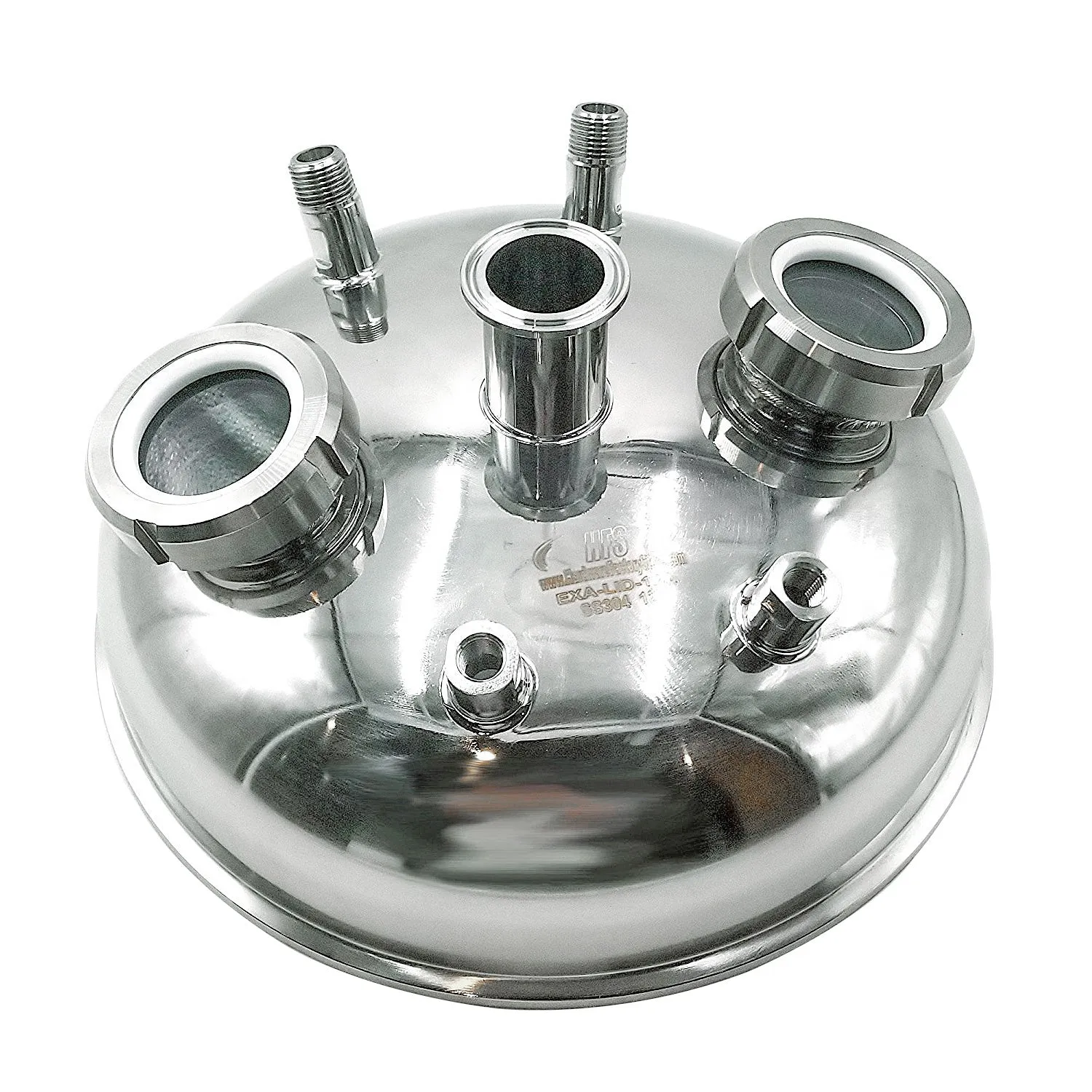 8" Hemispherical Tri Clamp Lid w/ View Port, (2)1/4" FNPT, (2)1/2" MNPT, 1.5"TC, (2)2" Sight glasses