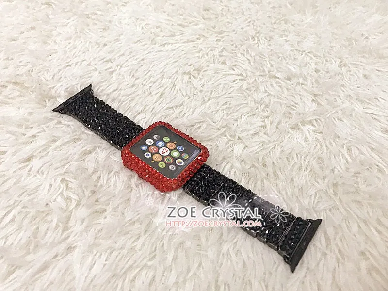 Apple Watch Bling Red Swarovski Crystal Case / Protector / Cover with a Black Rhinestone iWatch Band / Strap