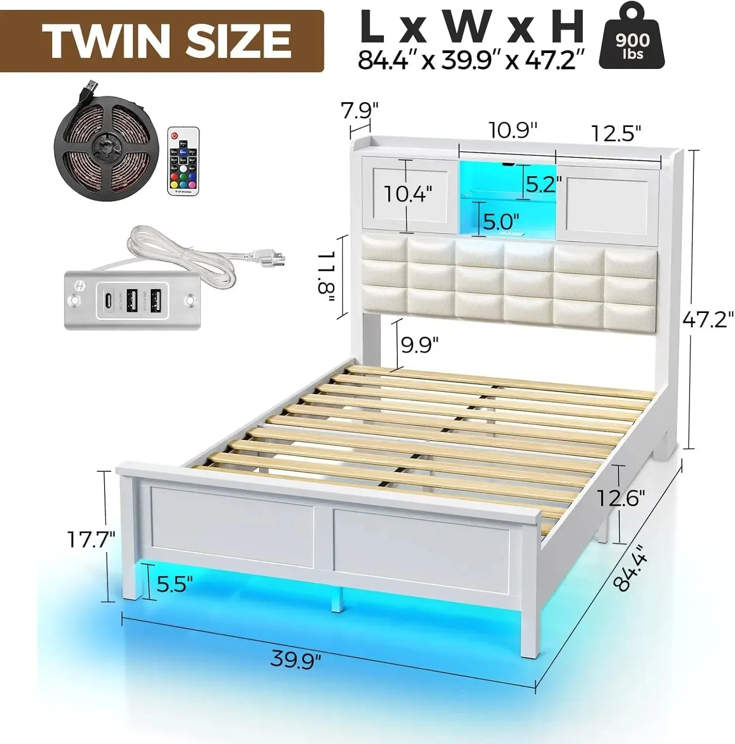 Bed Frame Twin Size with Charging Station, Bookcase Headboard Bed with LED Light and Sliding Doors, Platform Bed White