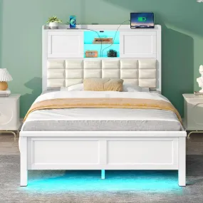 Bed Frame Twin Size with Charging Station, Bookcase Headboard Bed with LED Light and Sliding Doors, Platform Bed White