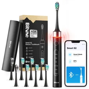 Bitvae S2 Smart Ultrasonic Whitening Electric Toothbrush for Adults - Bluetooth Electric Toothbrush with Pressure Sensor & Smart Timer, ADA Accepted Rechargeable Toothbrush, 8 Brush Heads