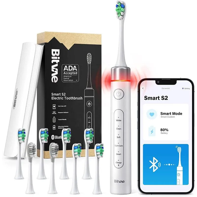 Bitvae S2 Smart Ultrasonic Whitening Electric Toothbrush for Adults - Bluetooth Electric Toothbrush with Pressure Sensor & Smart Timer, ADA Accepted Rechargeable Toothbrush, 8 Brush Heads