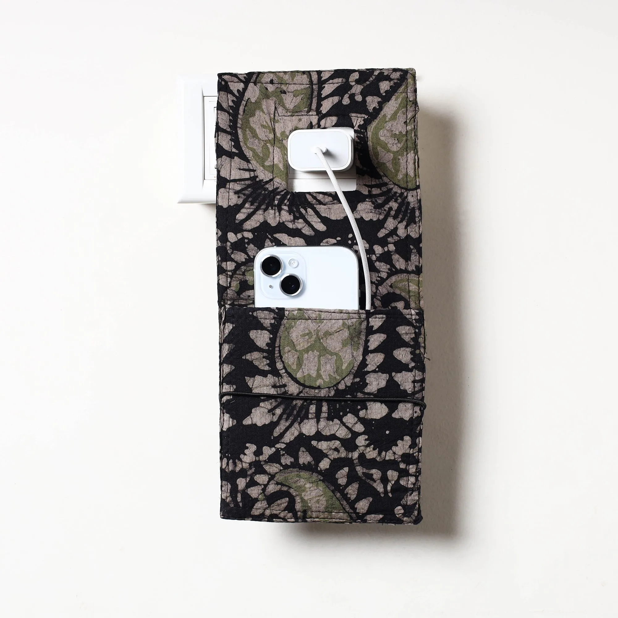 Black - Hand Batik Printed Cotton Mobile Charging Holder