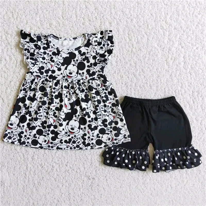 black Mouse flutter sleeve dress black polka ruffle shorts set