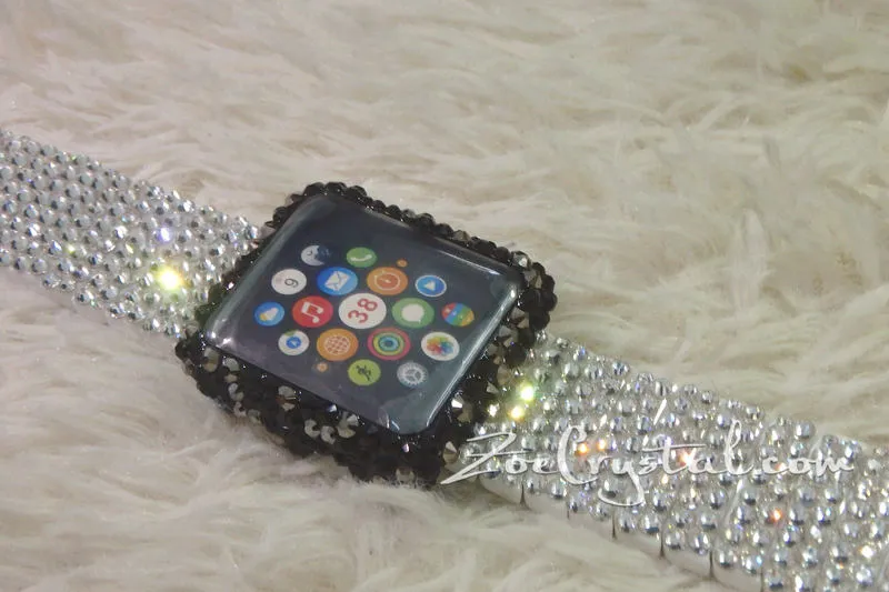 Bling Apple Watch Black Mixed Grey Crystal Case/Protector/Cover with a Silver White Swarovski iWatch Band/Strap