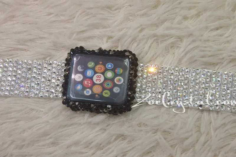 Bling Apple Watch Black Mixed Grey Crystal Case/Protector/Cover with a Silver White Swarovski iWatch Band/Strap