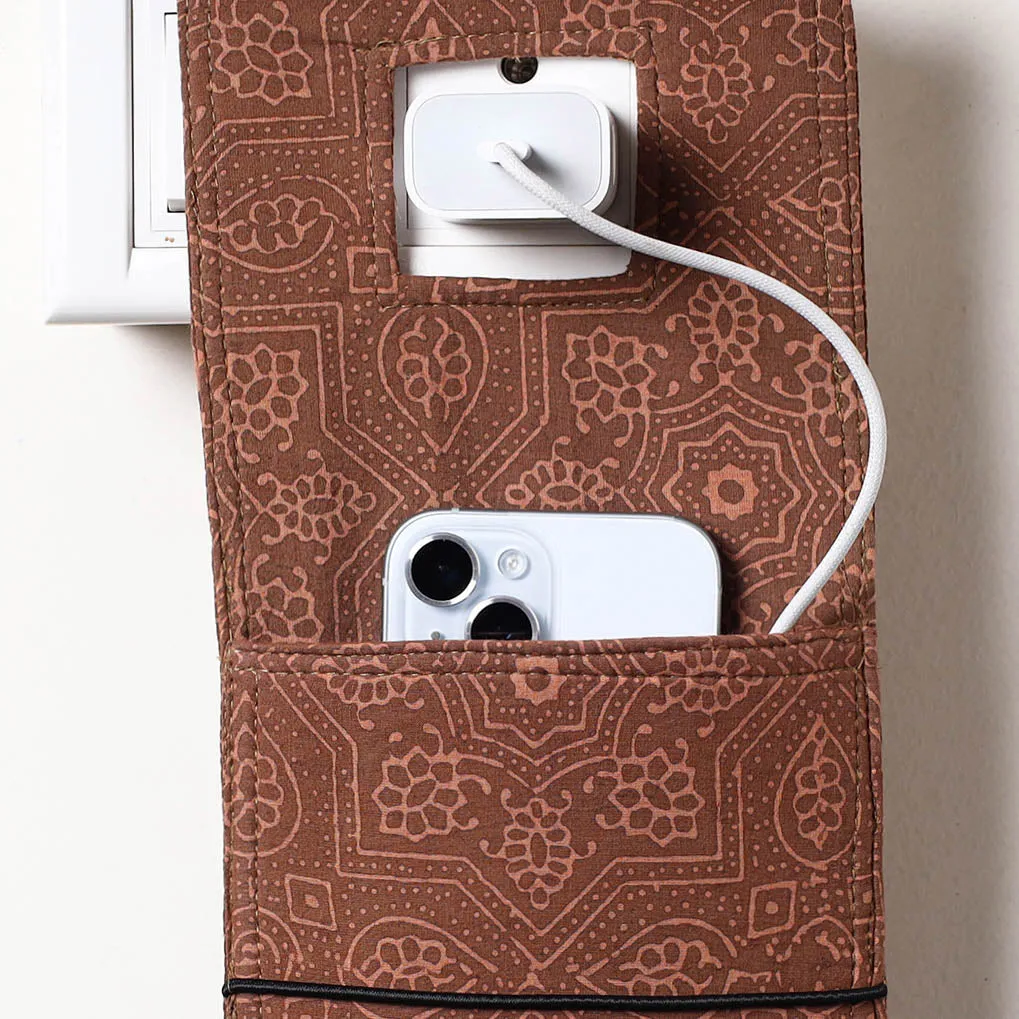 Brown - Ajrakh Block Printed Cotton Mobile Charging Holder