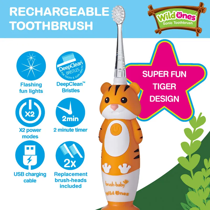 Brush-baby WildOnes Toby Tiger Rechargeable Sonic ElectricToothbrush 0-10yrs