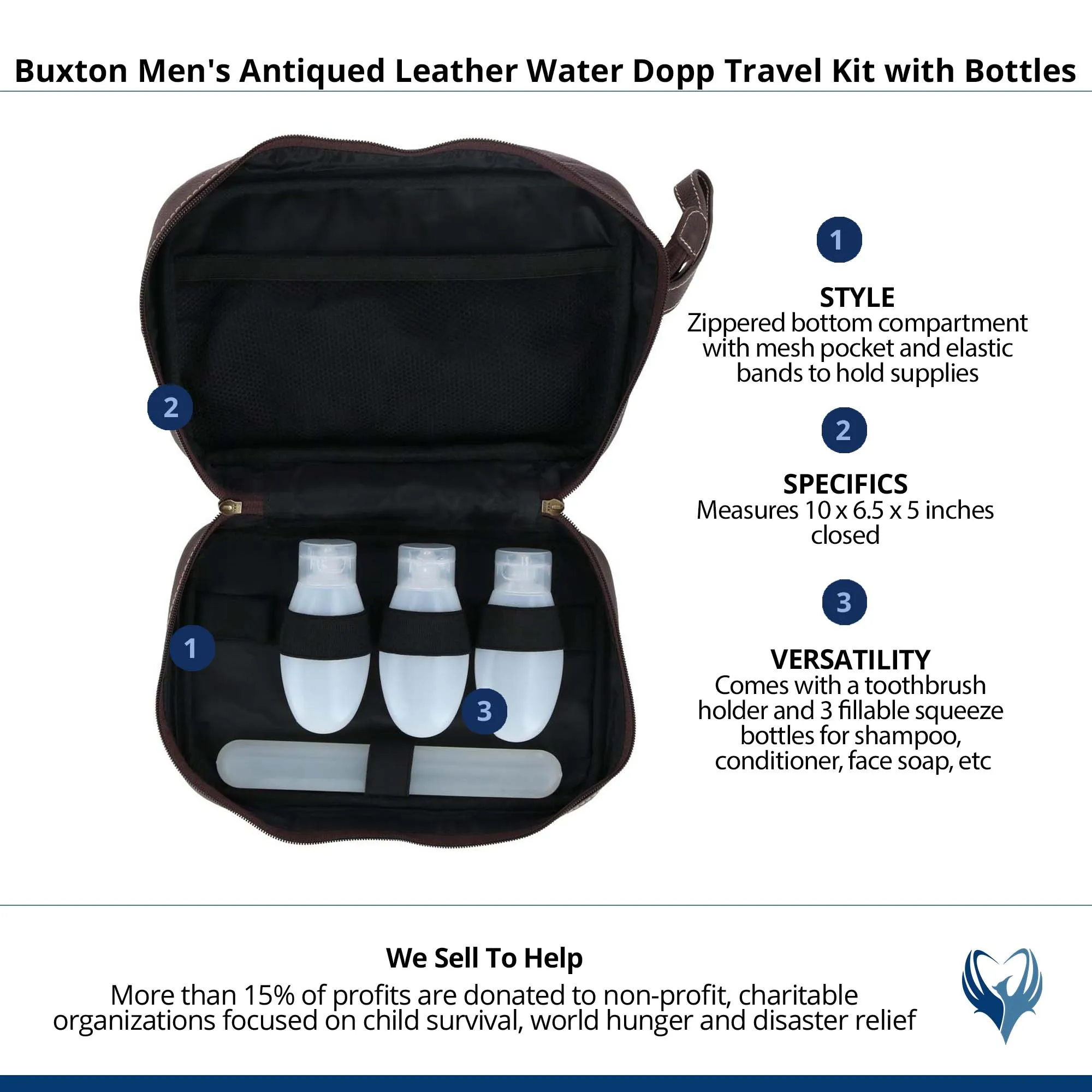 Buxton Men's Antiqued Leather Water Dopp Travel Kit with Bottles