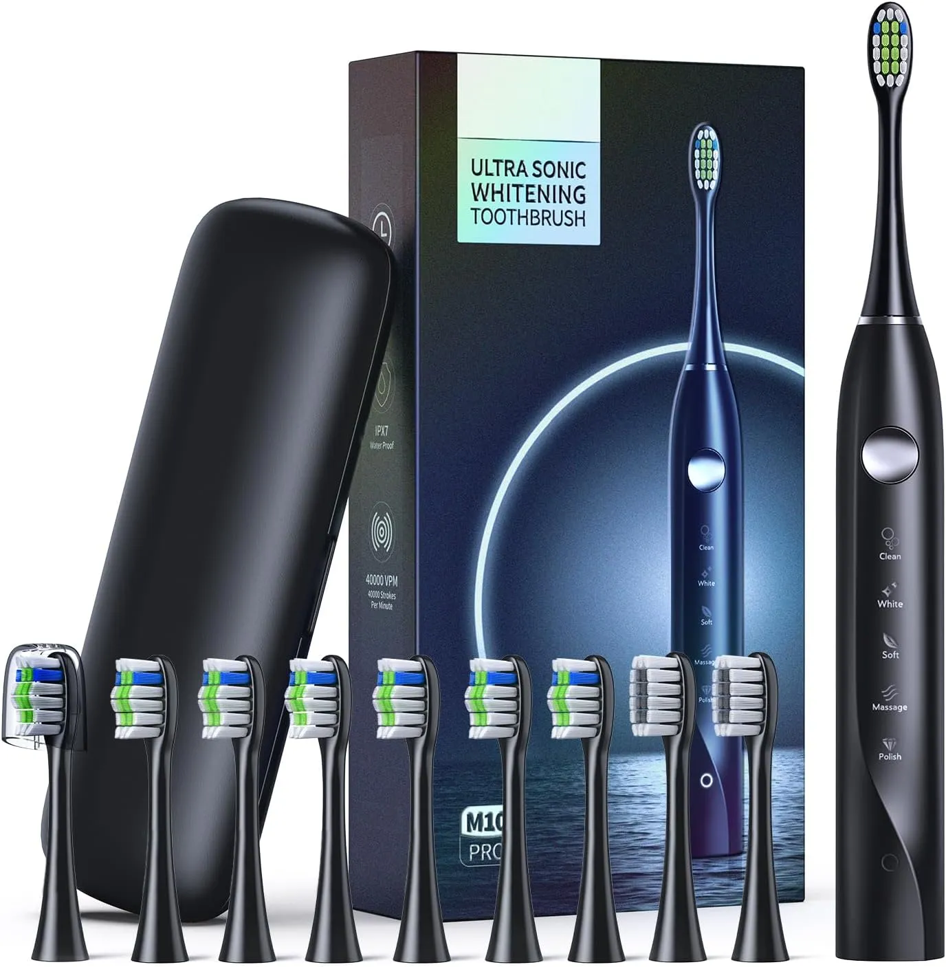 Electric Toothbrush, 10 Brush Heads & Travel Case with 5 Modes, 4 Hr Charge Last 30 Days