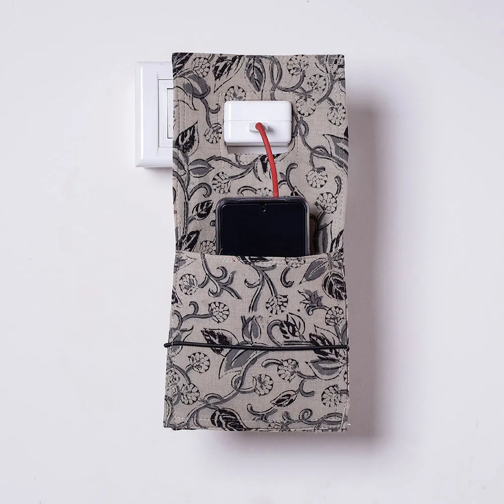 Grey - Kalamkari Block Printed Cotton Mobile Charging Holder