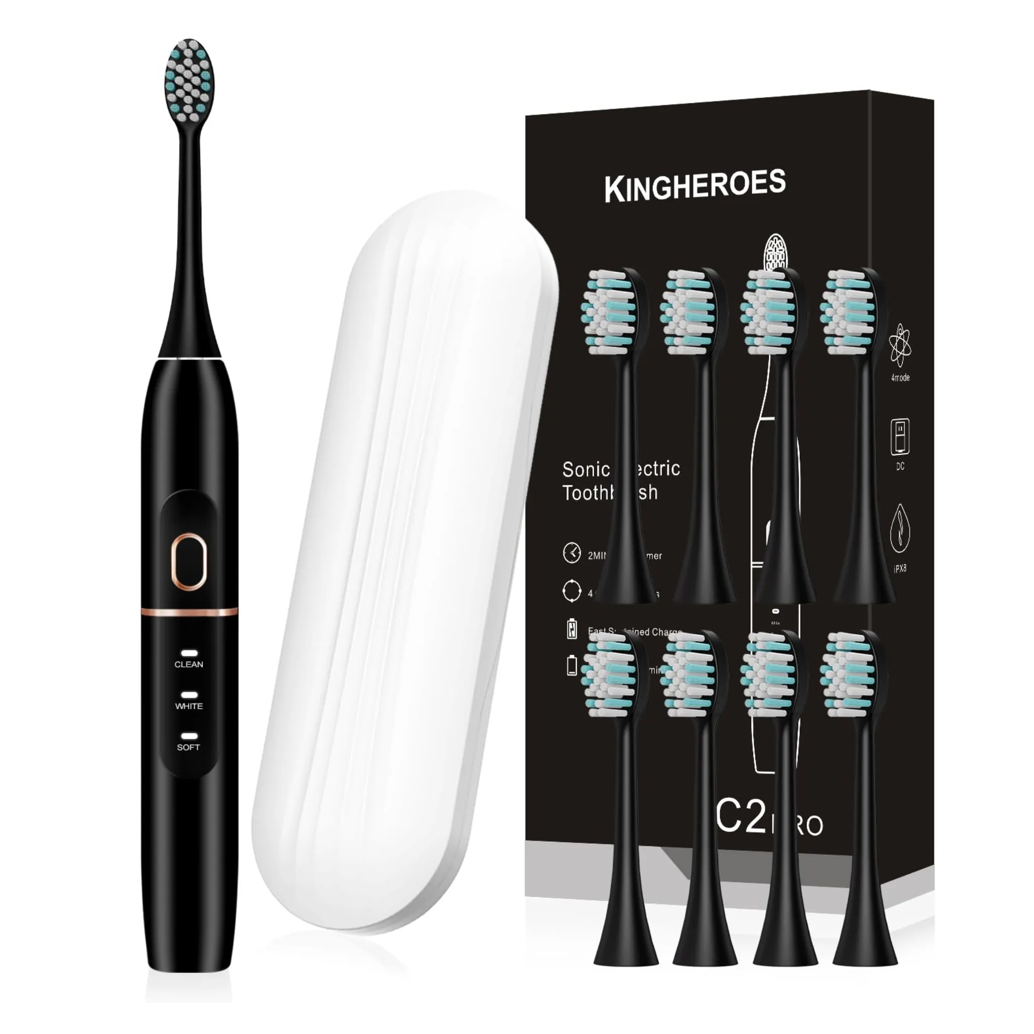 kingheroes Sonic Electric Toothbrush Set with 8 Brush Heads & Travel Case