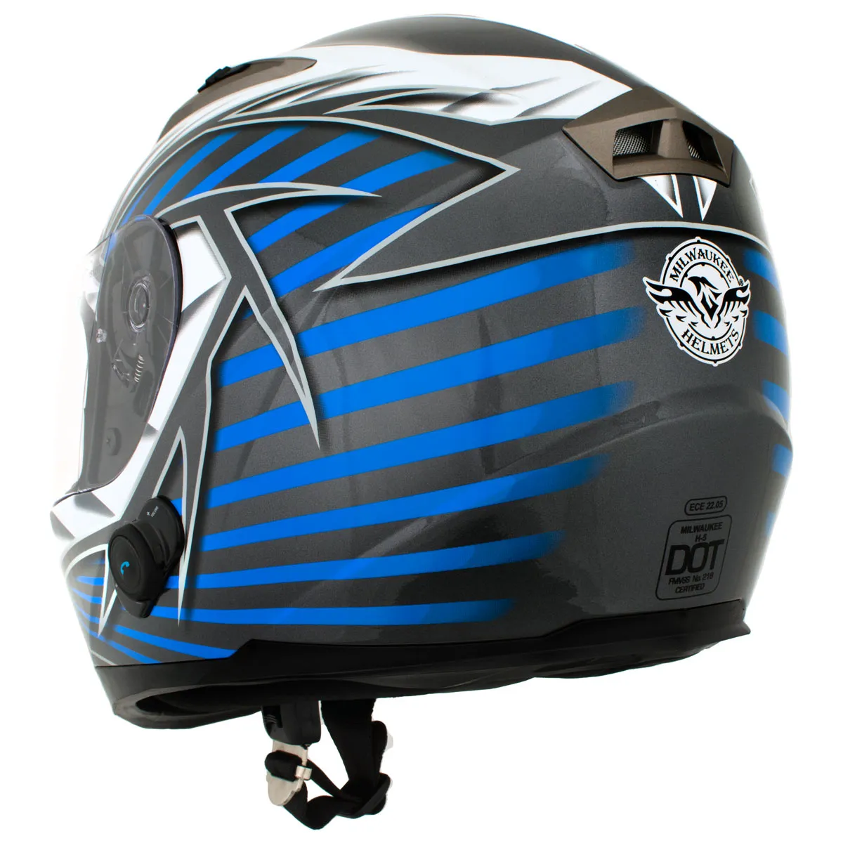 Milwaukee Helmets H512 Titanium and Blue Chit-Chat Black Full Face Motorcycle Helmet w/ Intercom - Built-in Speaker and Microphone for Men / Women