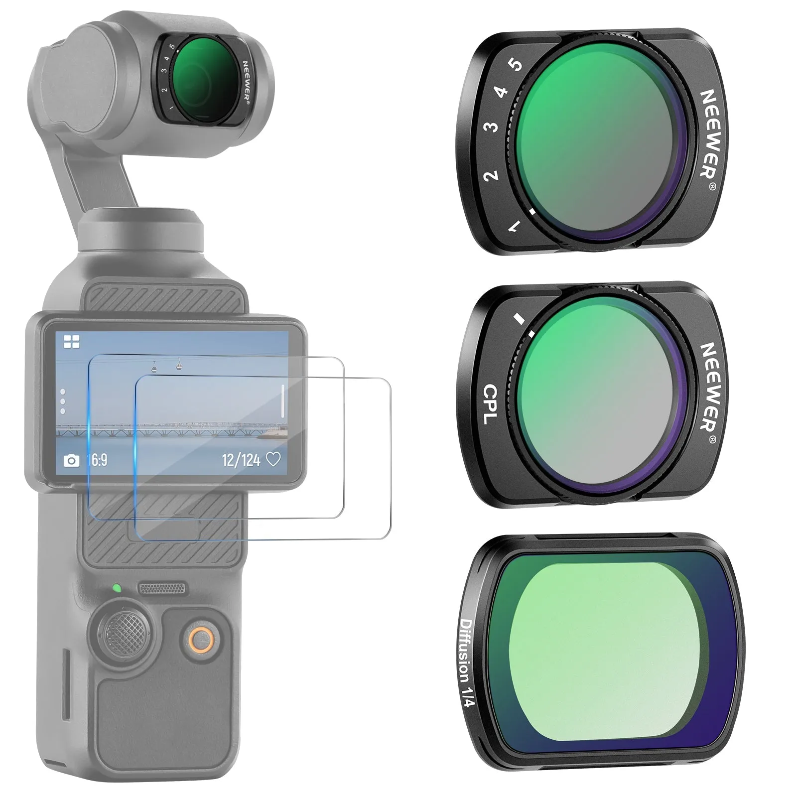 NEEWER FL-89 ND2-32 1/4 Black Diffusion&CPL Filters Set For DJI Osmo Pocket 3