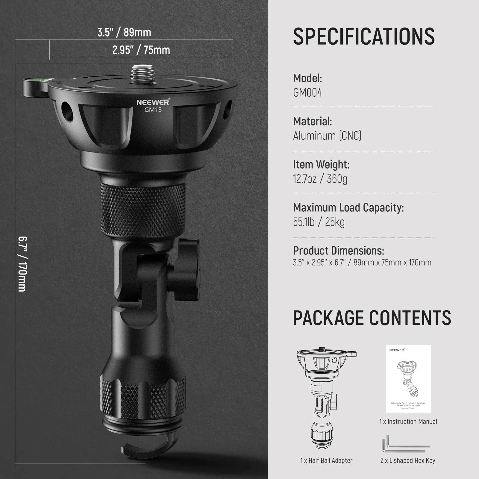 NEEWER GM004 75mm Half Bowl Base Leveling Adapter