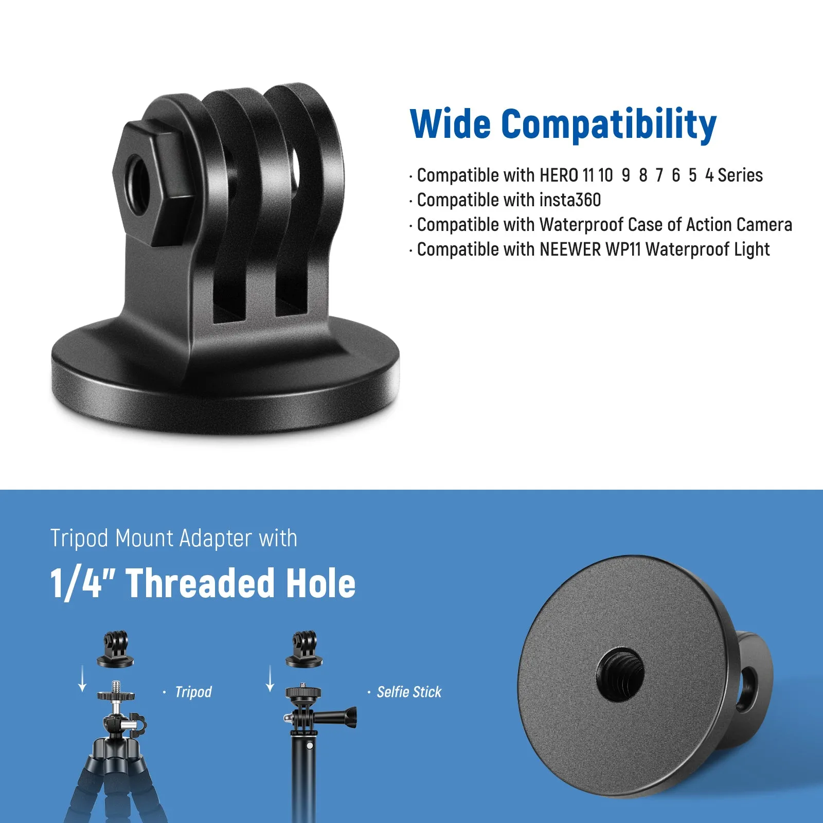 NEEWER Metal Tripod Mount Adapter Compatible with Action Cameras