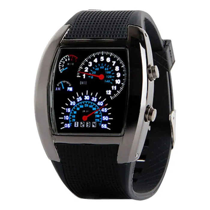 New Arrival Fashion Aviation Turbo Dial Flash LED Watch Gift Mens Lady Sports Car Meter