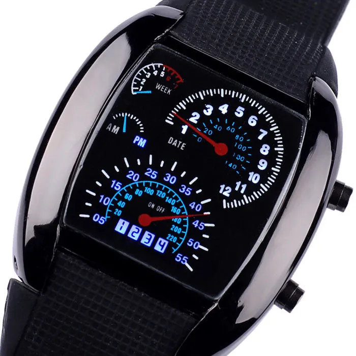 New Arrival Fashion Aviation Turbo Dial Flash LED Watch Gift Mens Lady Sports Car Meter