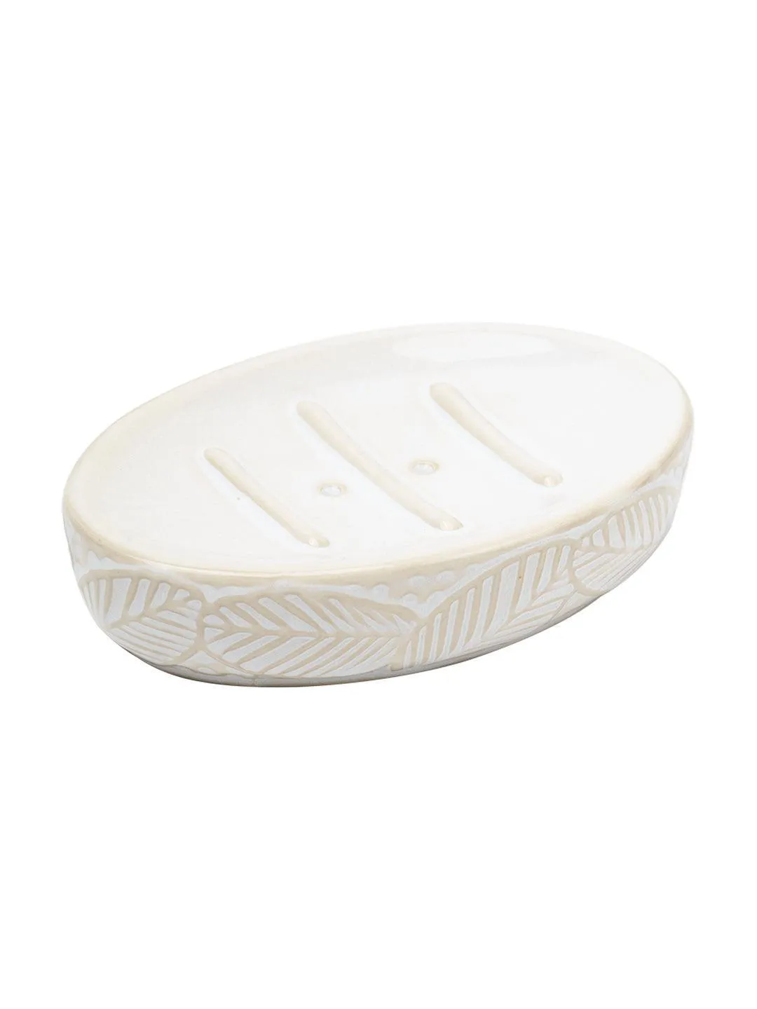 Off White Ceramic Bathroom Set Of 4 - Leafy Pattern, Bath Accessories