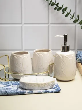 Off White Ceramic Bathroom Set Of 4 - Leafy Pattern, Bath Accessories