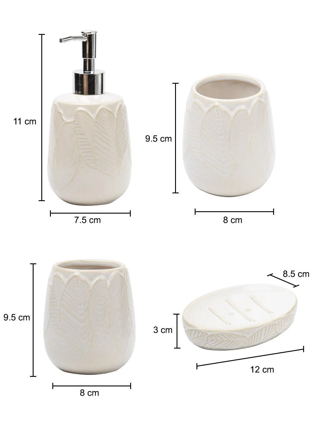 Off White Ceramic Bathroom Set Of 4 - Leafy Pattern, Bath Accessories