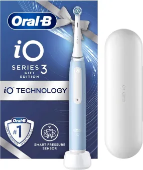 Oral-B iO 3 Ice Blue Electric Toothbrush, 1 Toothbrush Head, 1 Travel Case, Designed by Braun