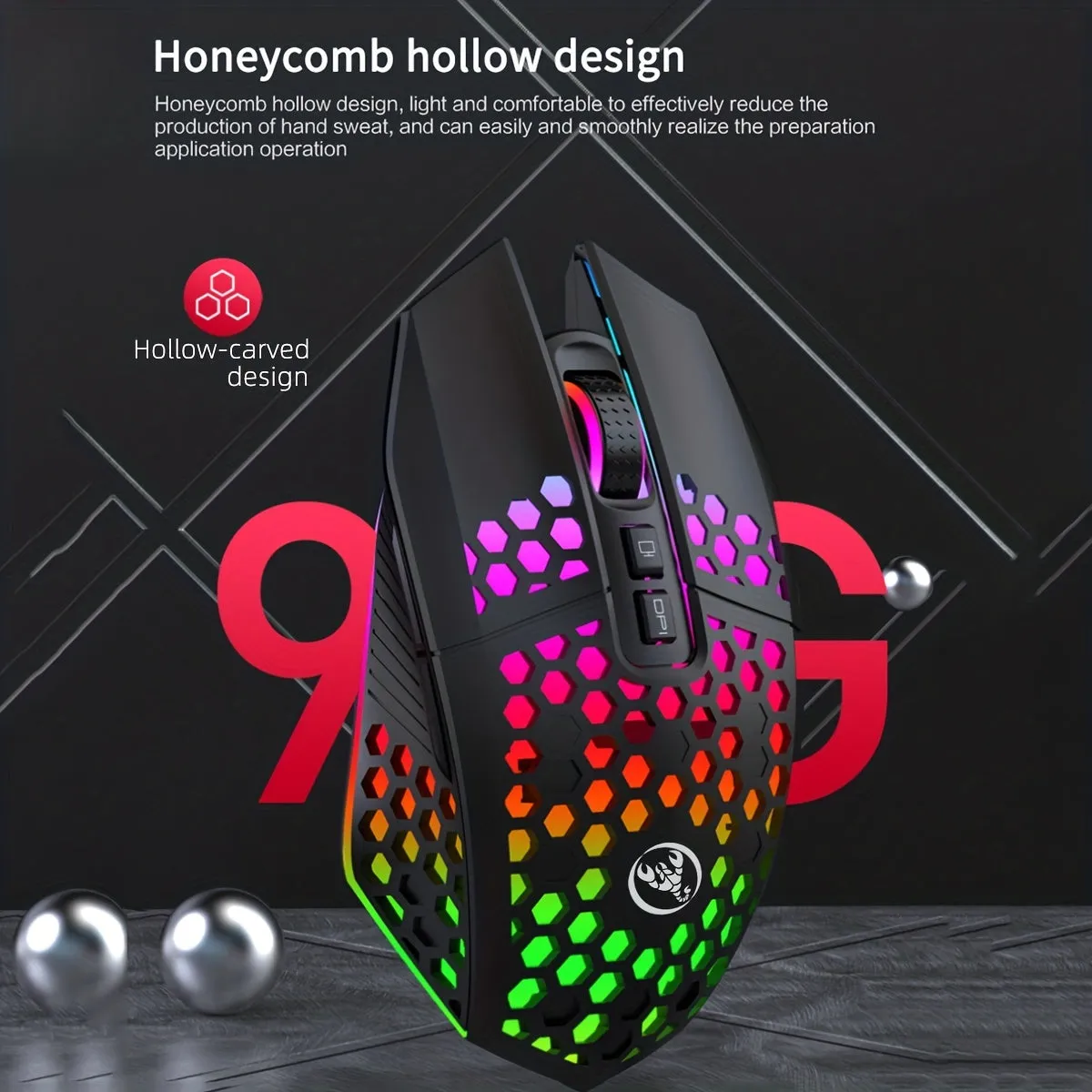 Rechargeable Wireless Honeycomb Mouse - RGB Lighting & USB Plug