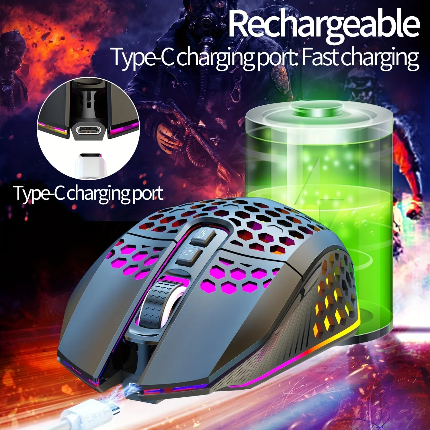 Rechargeable Wireless Honeycomb Mouse - RGB Lighting & USB Plug