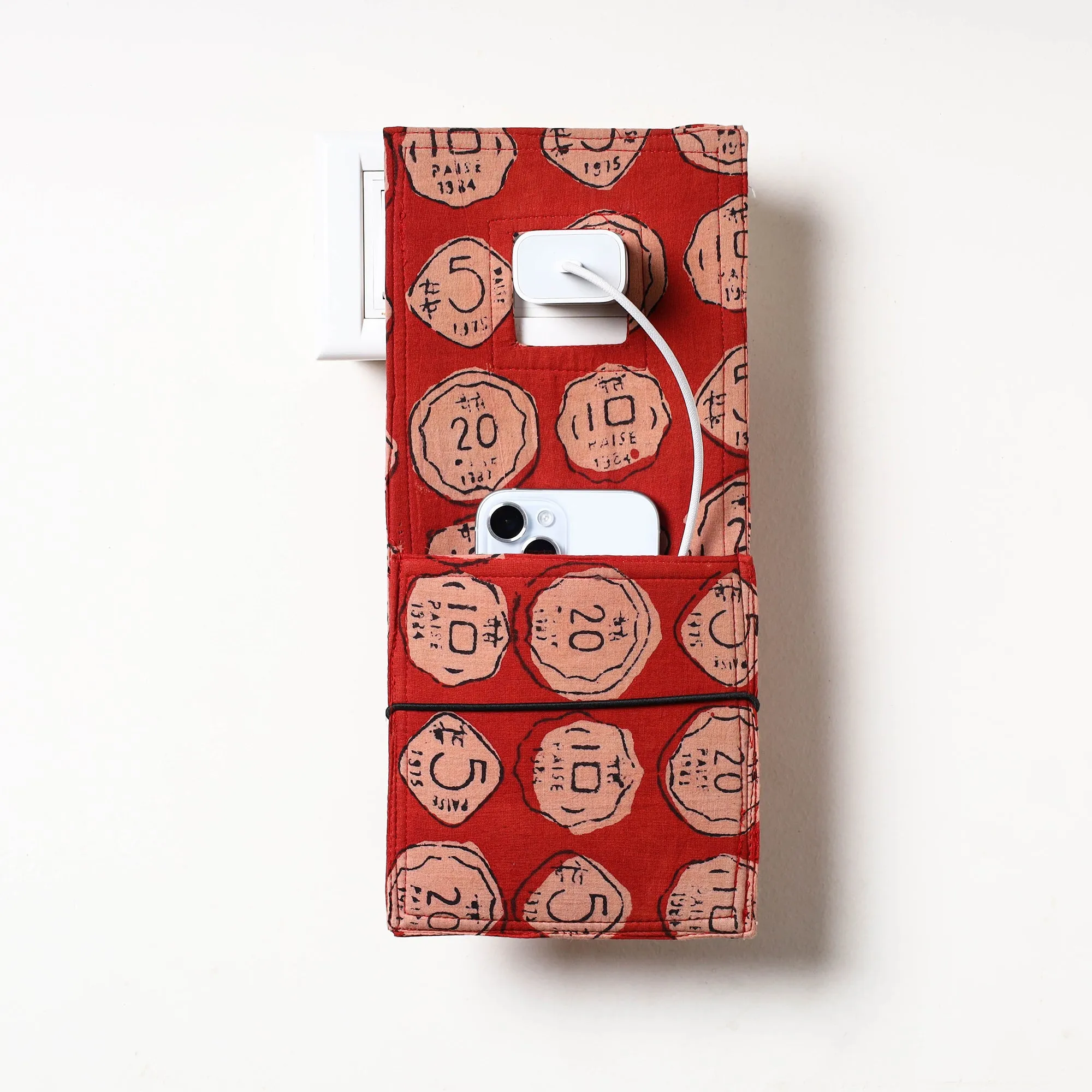 Red - Bindaas Block Printed Cotton Mobile Charging Holder