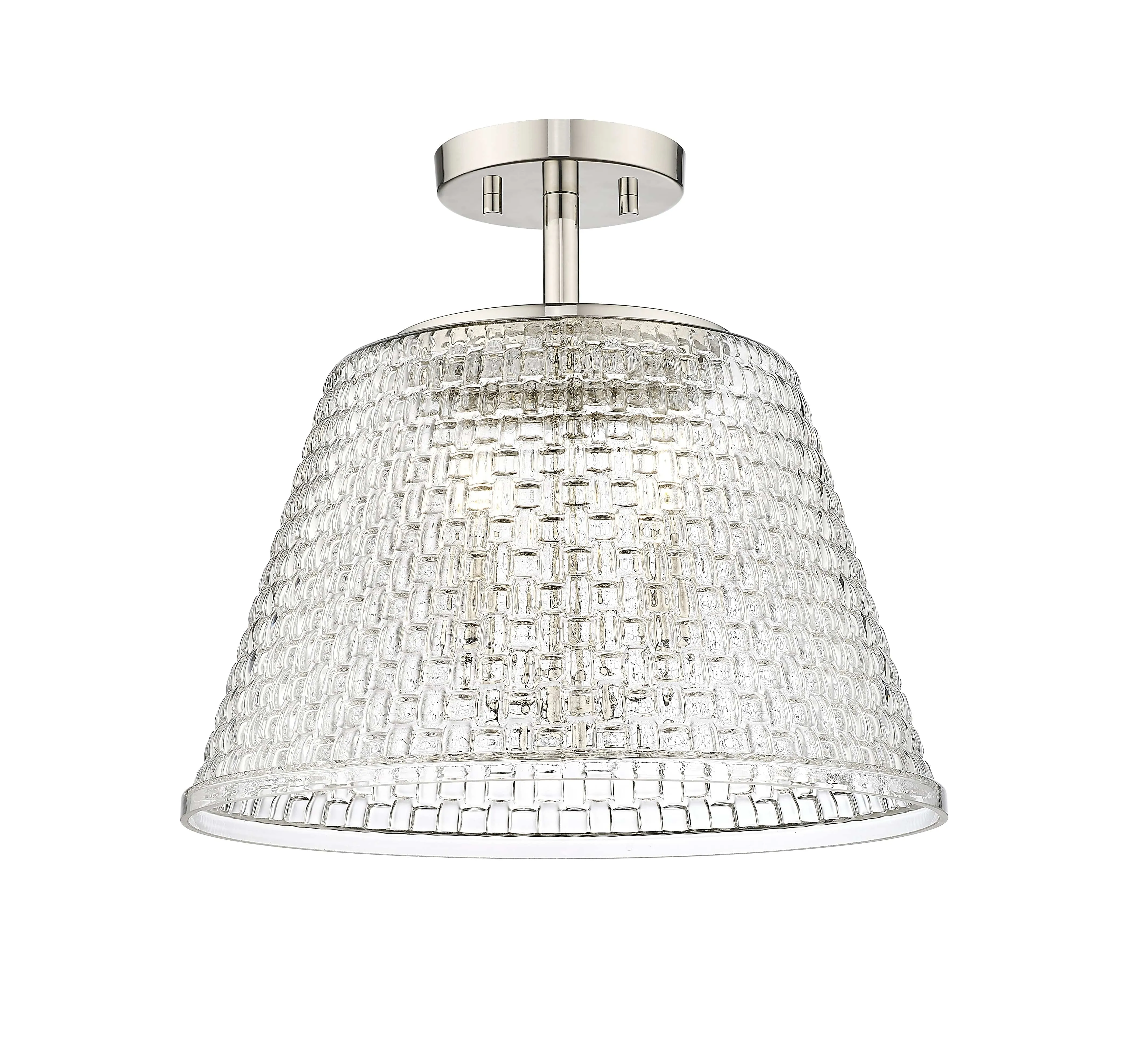 Saben Semi-Flush Mount Fixture - Polished Nickel - Clear Woven Lattice Glass - 15in. Diameter - E12 Candelabra Base