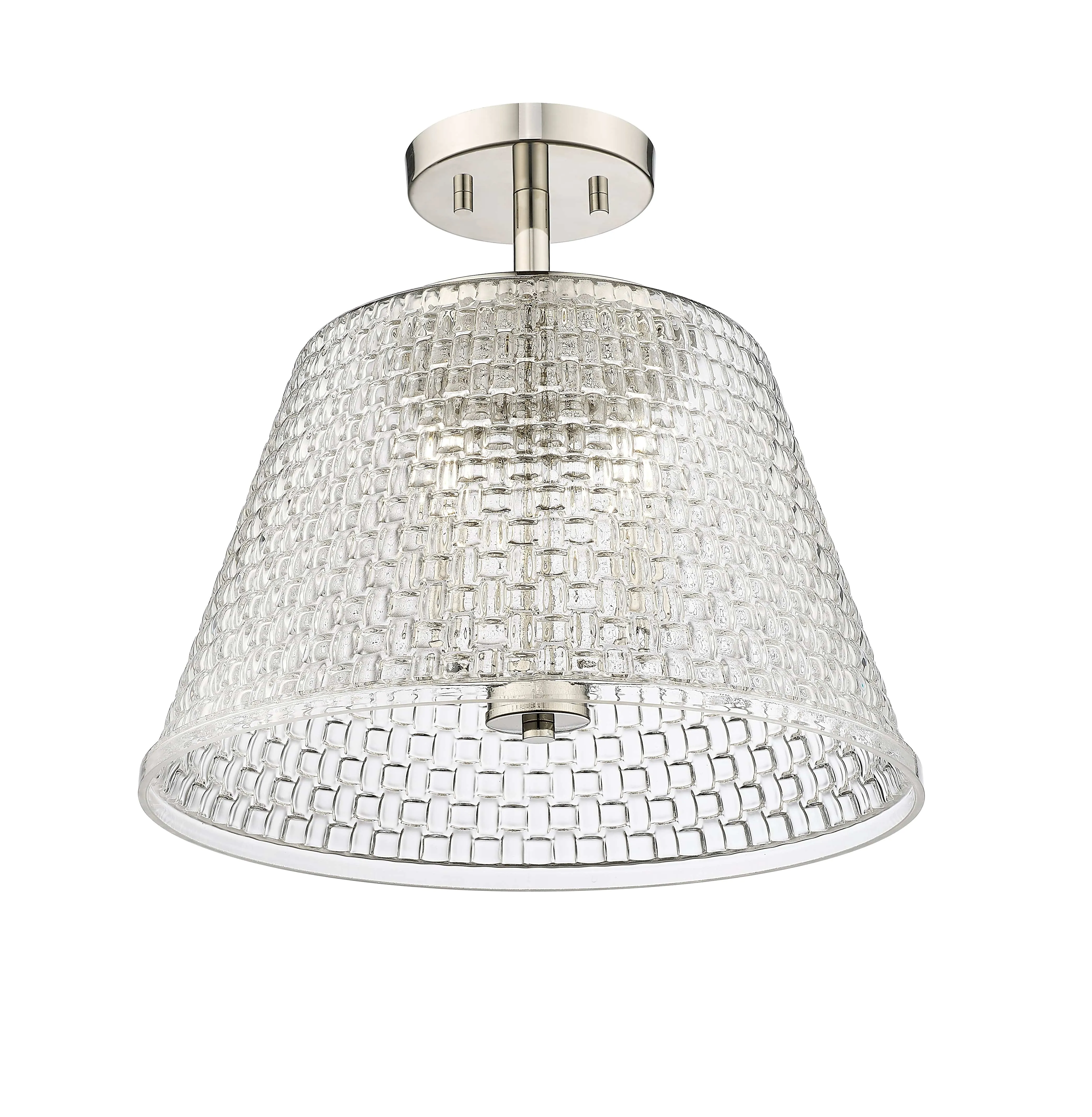 Saben Semi-Flush Mount Fixture - Polished Nickel - Clear Woven Lattice Glass - 15in. Diameter - E12 Candelabra Base