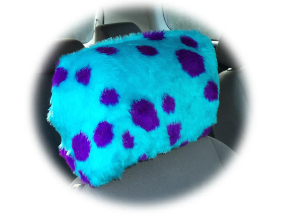 Spotty Dino Monster print fuzzy faux fur car headrest covers