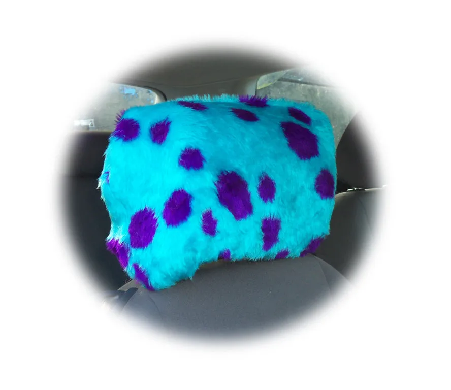 Spotty Dino Monster print fuzzy faux fur car headrest covers