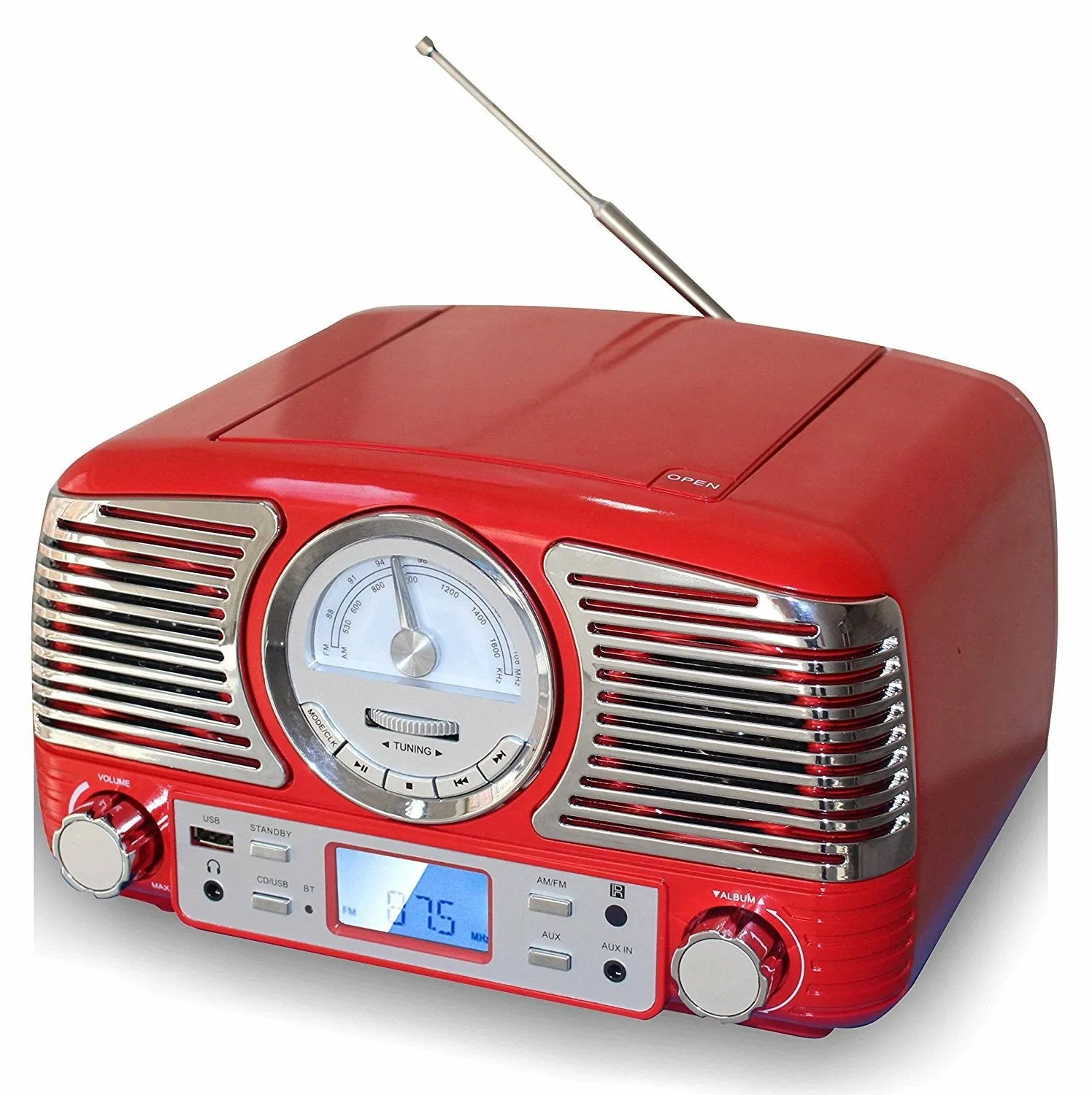 TechPlay Retro CD Stereo with AM/FM Clock Radio, Bluetooth, SD & USB Ports