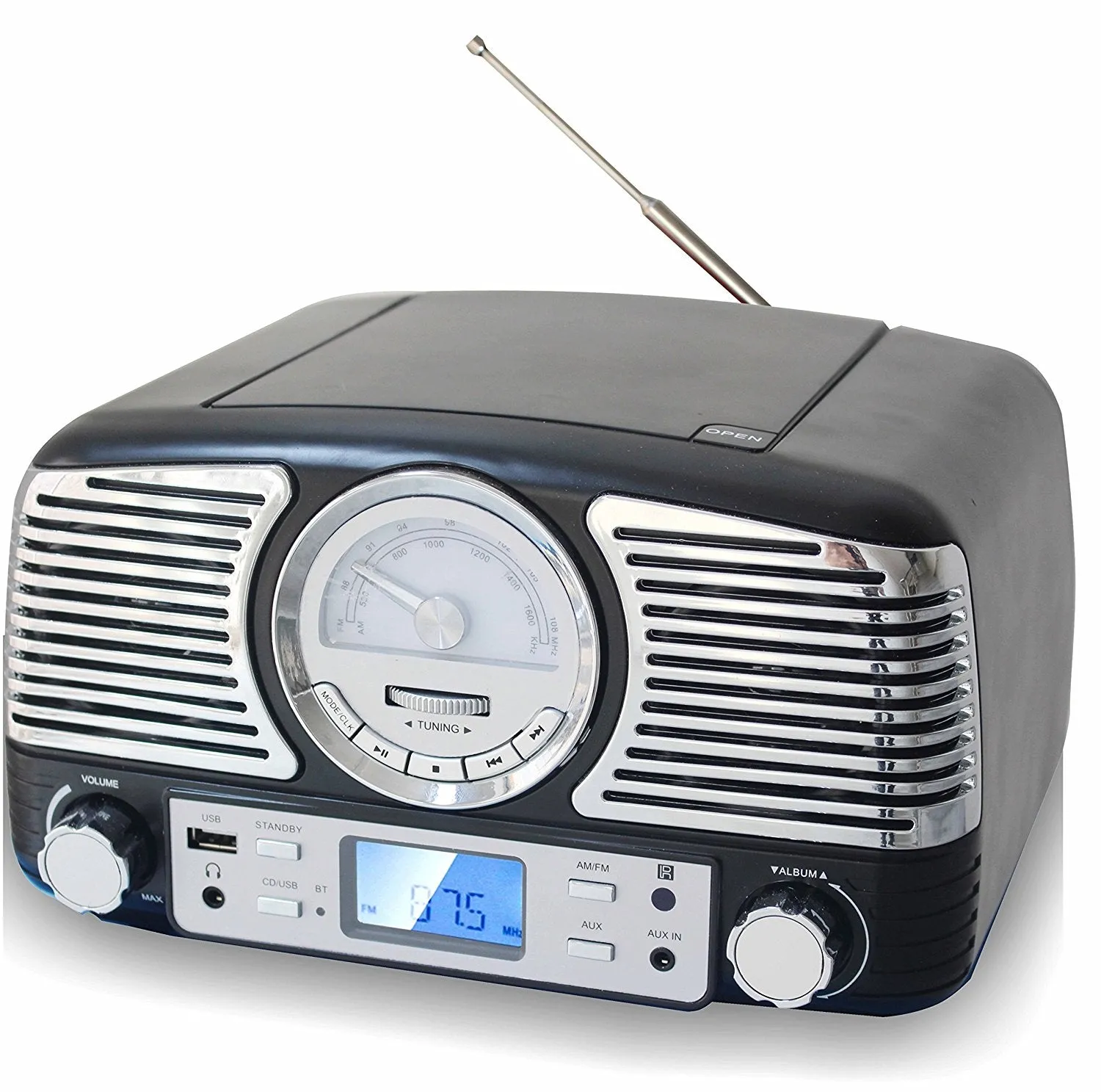 TechPlay Retro CD Stereo with AM/FM Clock Radio, Bluetooth, SD & USB Ports