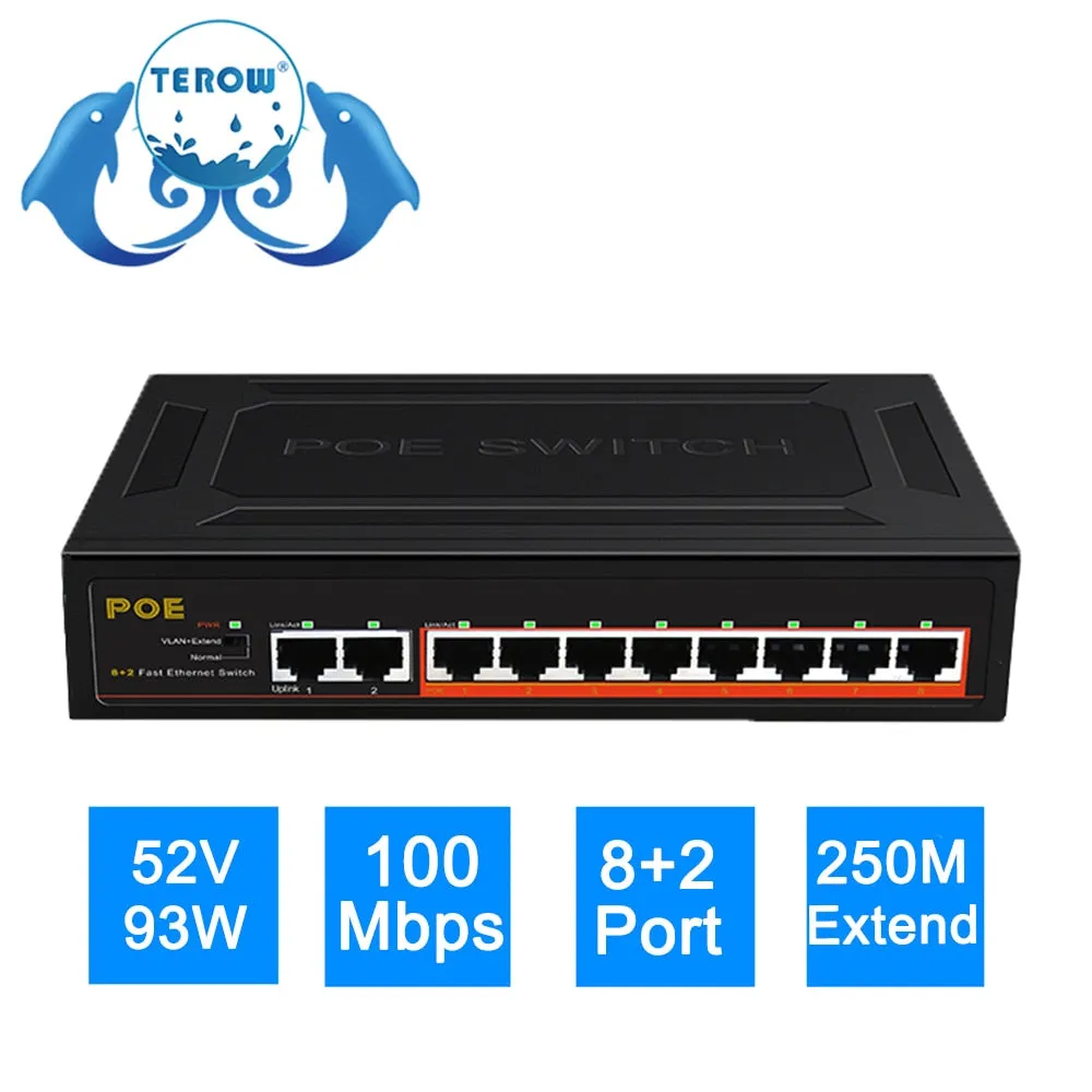 TEROW POE Switch 10-Port 100Mbps Ethernet Smart Switch 8 PoE 2 UpLink With Internal Power Office Home Network Hub for IP Camera