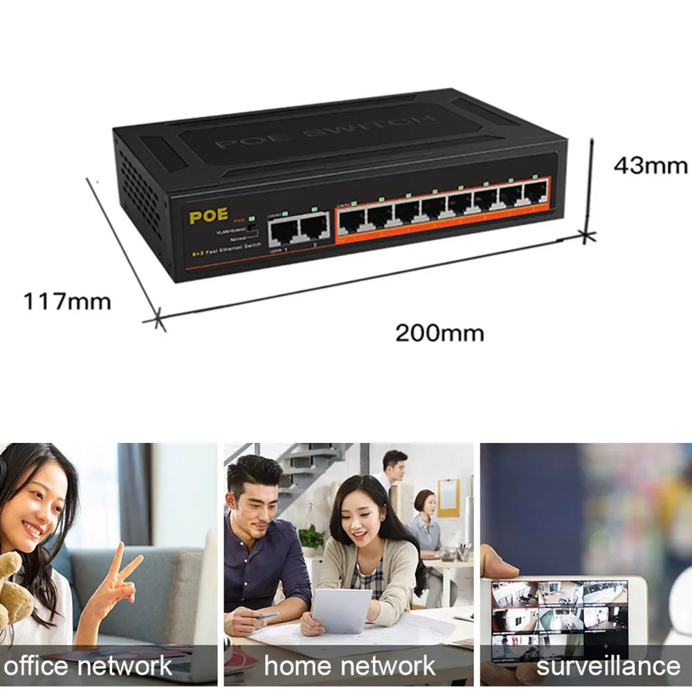 TEROW POE Switch 10-Port 100Mbps Ethernet Smart Switch 8 PoE 2 UpLink With Internal Power Office Home Network Hub for IP Camera