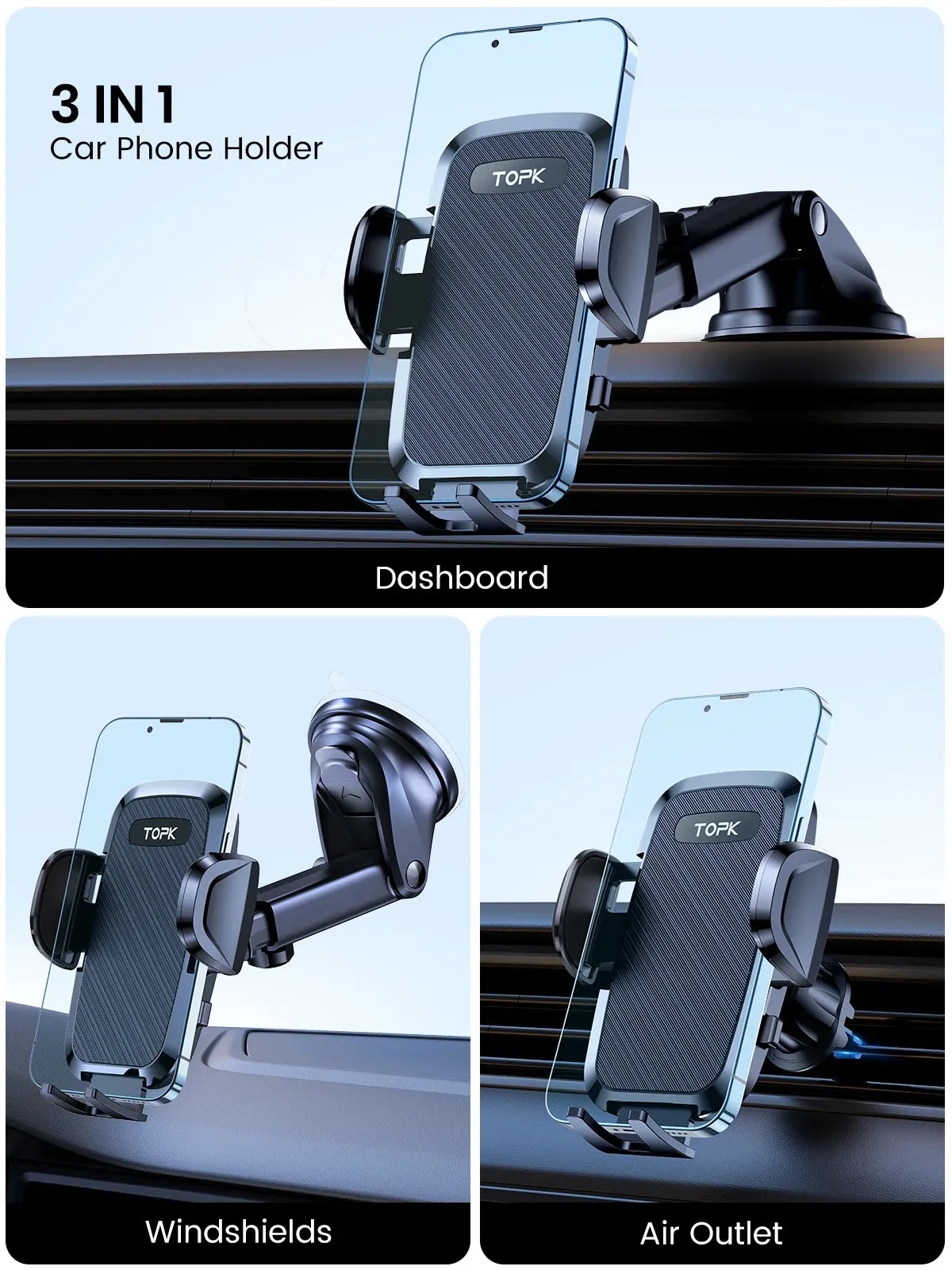 TOPK D36 Car Phone Holder Adjustable Car Phone Mount Cradle Super Stable for Dashboard/Windscreen/Air Vent for Mobile Phones