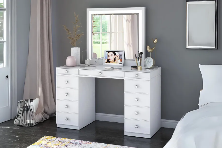 Tresanti Alexandra Double Pedestal Vanity Table with LED Lighted Mirror