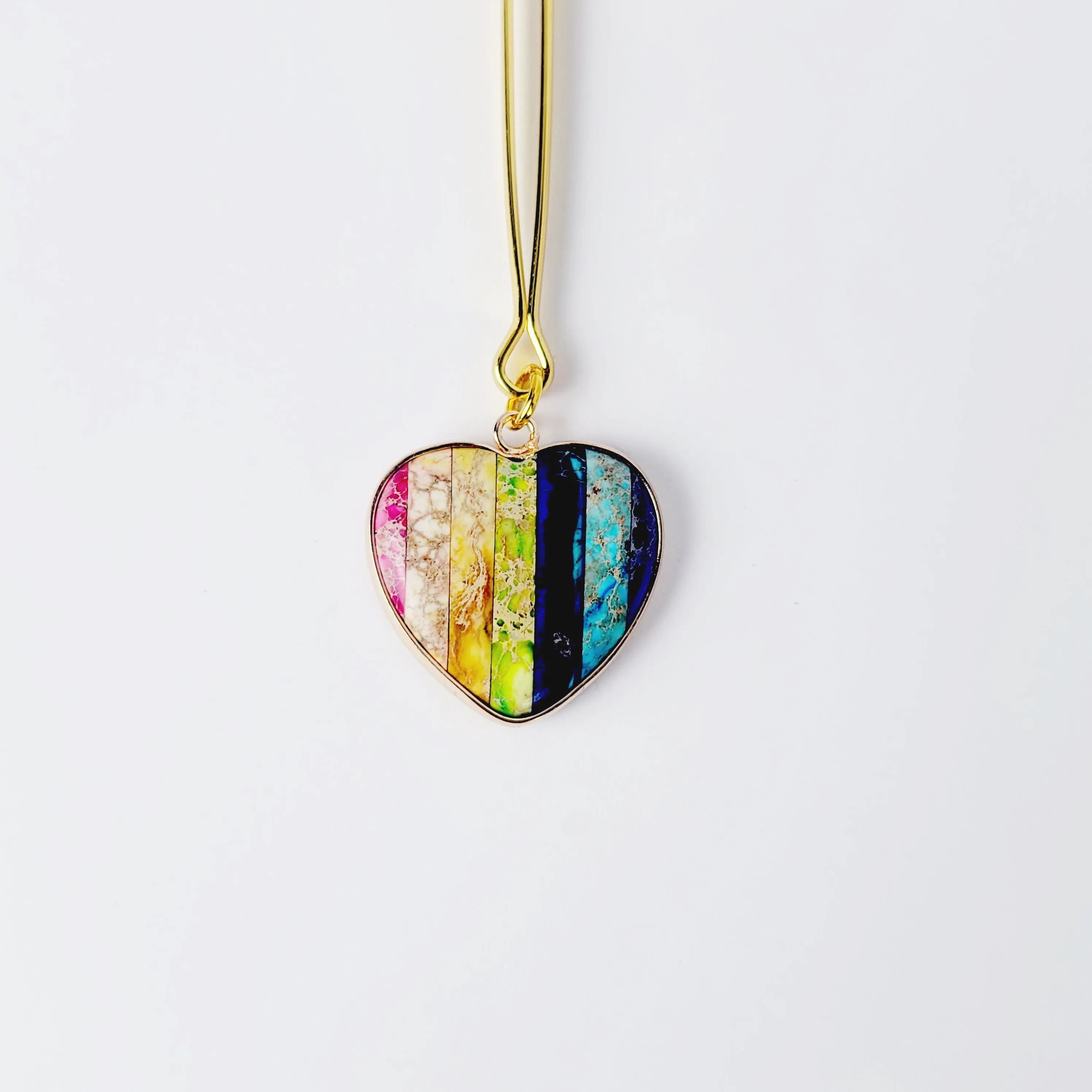 Tweezer Clit Clamp with Rainbow Heart Pendant made out of Semi Precious Stones